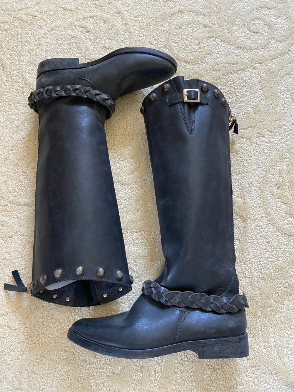 Black Leather Riding Boots with Braided Strap and Stud Details BRAND NEW